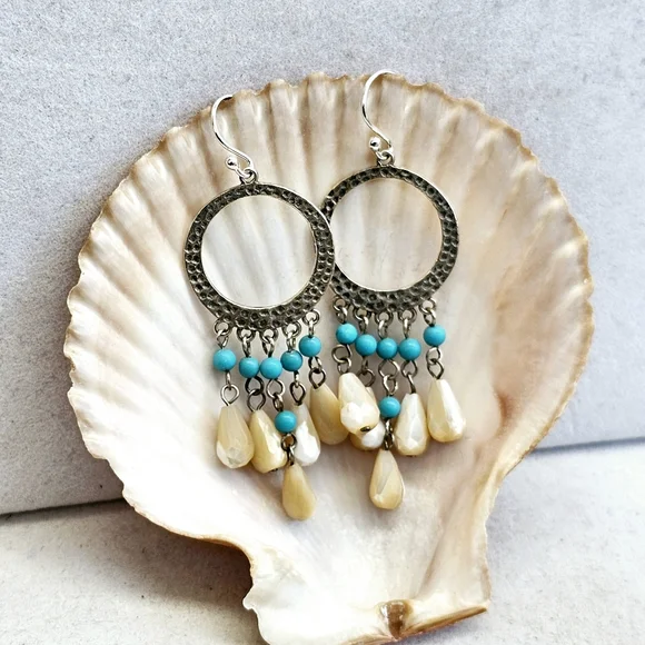 Silpada 925 Turquoise Mother of Pearl Earrings RARE - Picture 2 of 9